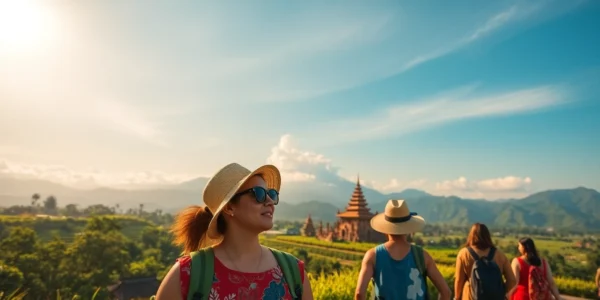 Beautiful tour in Indonesia showcasing travelers discovering natural and cultural sights across lush landscapes.