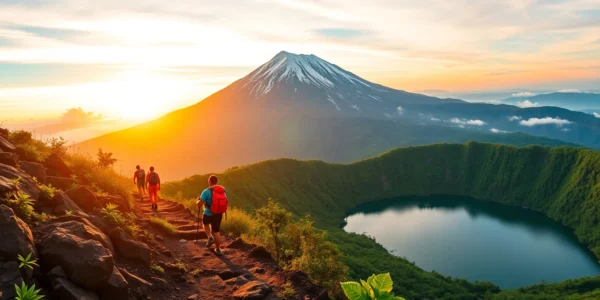 Mount Rinjani sunrise with hikers on trail, lush landscape and crater lake