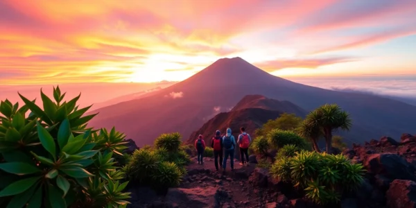 A breathtaking sunrise view of Mount Rinjani with hikers on the trail, lush greenery, and vibrant sky.