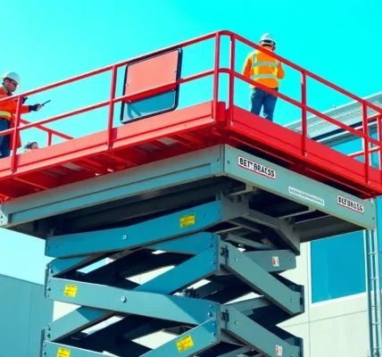 Efficient scissor lift rental in action on a construction site, showcasing safety and accessibility for industrial projects.