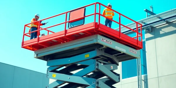 Efficient scissor lift rental in action on a construction site, showcasing safety and accessibility for industrial projects.