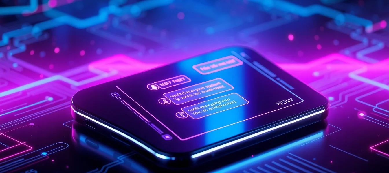 Futuristic digital interface showing NSFW chat on a sleek device with neon accents and cyber aesthetic.
