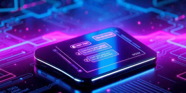 Futuristic digital interface showing NSFW chat on a sleek device with neon accents and cyber aesthetic.