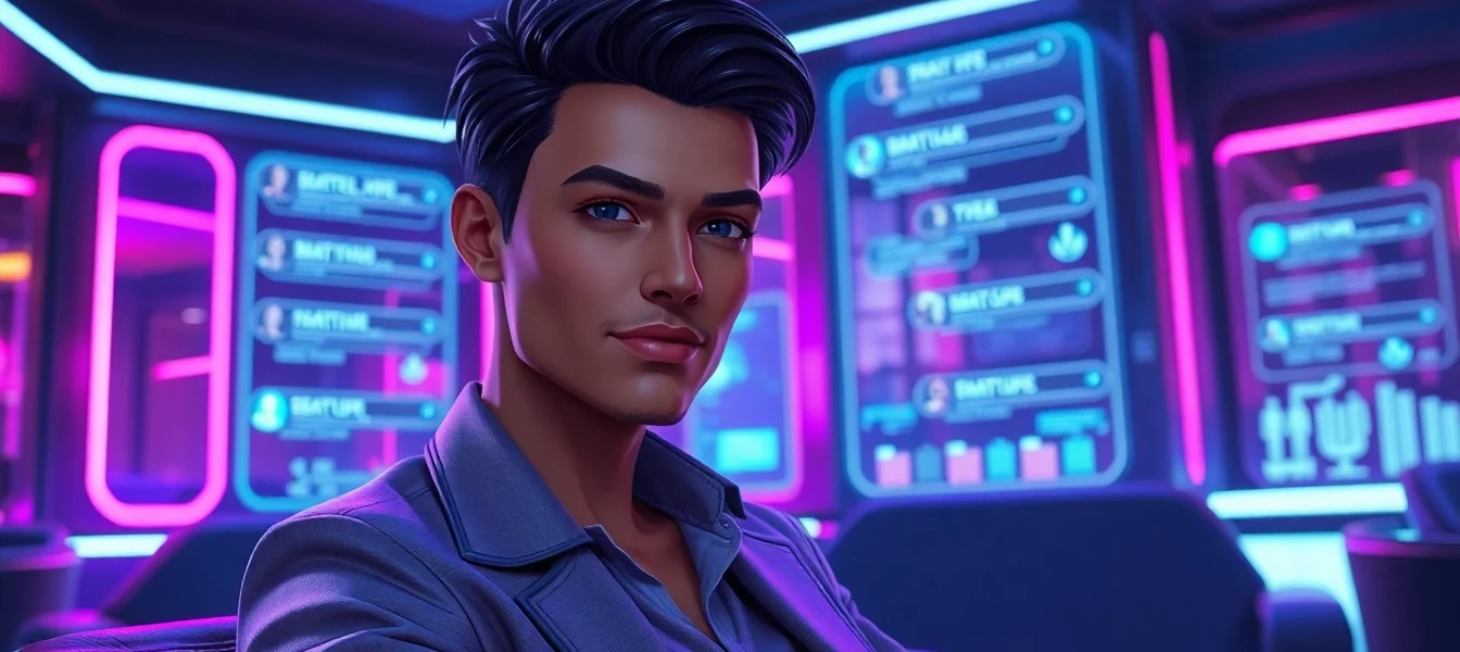 Futuristic AI character in a neon-lit lounge with holographic interfaces