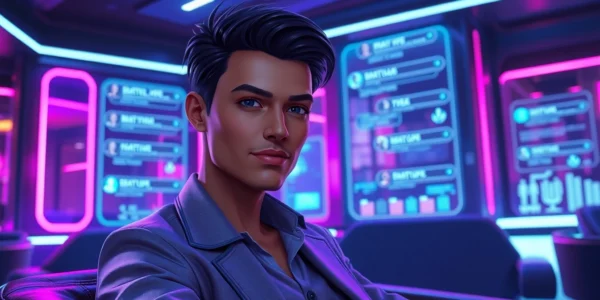 Futuristic AI character in a neon-lit lounge with holographic interfaces