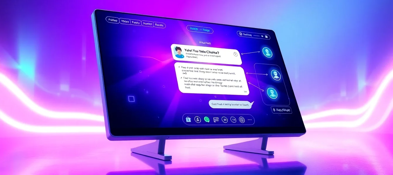 Futuristic AI chatbot platform interface with neon lighting and holographic elements.