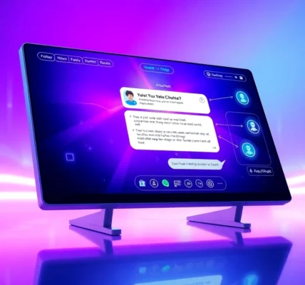 Futuristic AI chatbot platform interface with neon lighting and holographic elements.