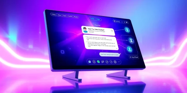 Futuristic AI chatbot platform interface with neon lighting and holographic elements.