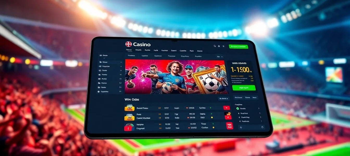 Online sportsbook and casino interface with sports arena background, vibrant colors, and betting elements.