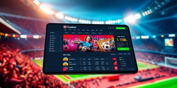 Online sportsbook and casino interface with sports arena background, vibrant colors, and betting elements.