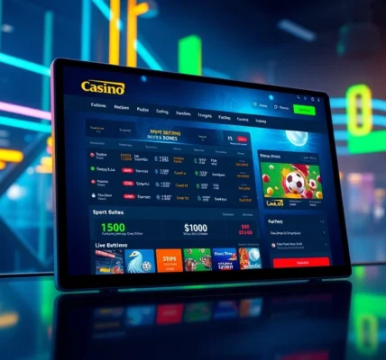Digital illustration of an online sportsbook and casino platform interface with vibrant lights and engaging betting options.