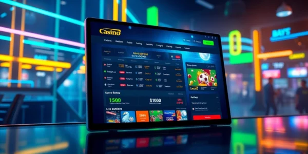 Digital illustration of an online sportsbook and casino platform interface with vibrant lights and engaging betting options.