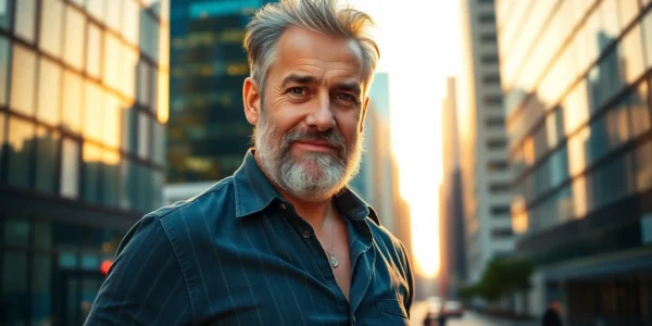 A confident older man with salt-and-pepper hair standing in an urban cityscape at sunset, exuding charm and masculinity.