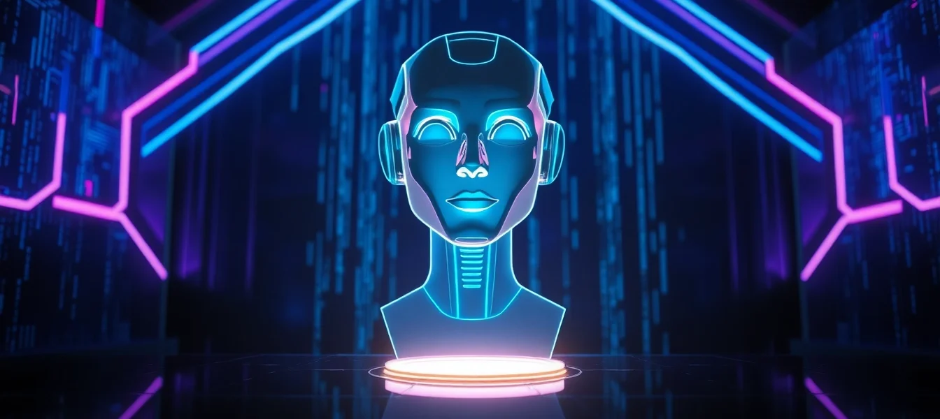 Futuristic AI chatbot in a neon-lit digital environment, representing adult conversation technology.