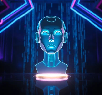 Futuristic AI chatbot in a neon-lit digital environment, representing adult conversation technology.