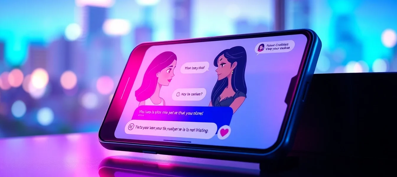 Futuristic smartphone displaying an intimate chat with animated characters in a neon-lit cityscape environment.