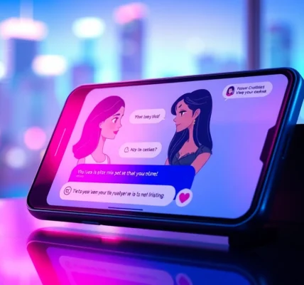 Futuristic smartphone displaying an intimate chat with animated characters in a neon-lit cityscape environment.
