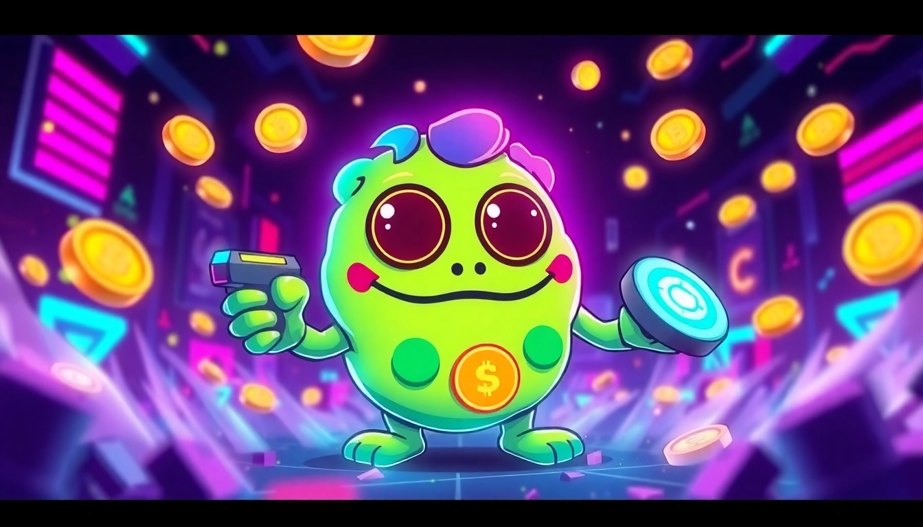 Pepe Meme Coin logo featured on a vibrant gaming and blockchain themed background for crypto