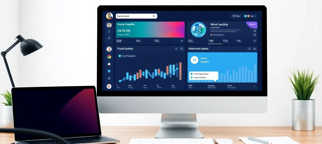 Illustration of social media platform updates with analytics dashboard and key metrics