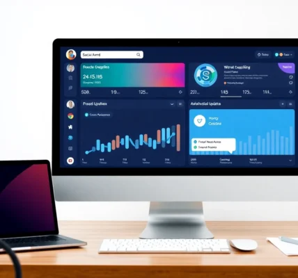 Illustration of social media platform updates with analytics dashboard and key metrics