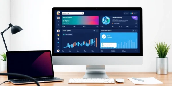 Illustration of social media platform updates with analytics dashboard and key metrics