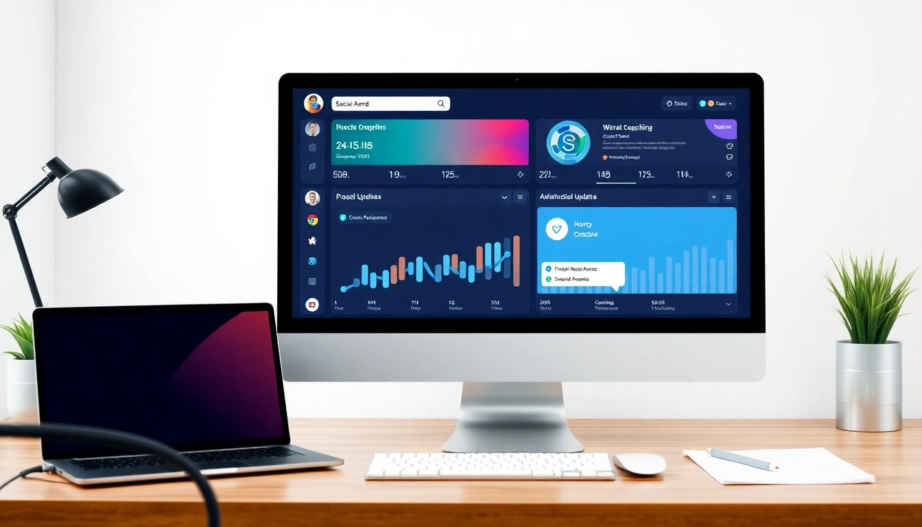 Illustration of social media platform updates with analytics dashboard and key metrics