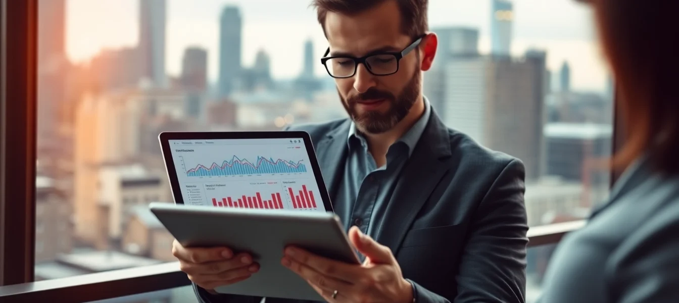 Landlord News UK UK landlord analyzing property market trends on tablet with city background