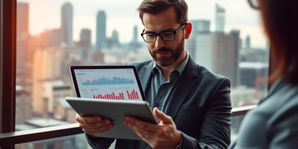 Landlord News UK UK landlord analyzing property market trends on tablet with city background