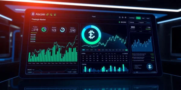 Aicoin digital market dashboard showing real-time analytics and trends in a sleek, modern style